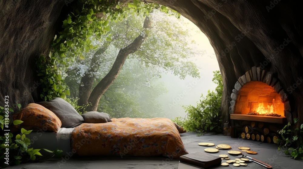 Poster enchanted cozy interior with natural light and rustic elements in a cave-like setting surrounded by 