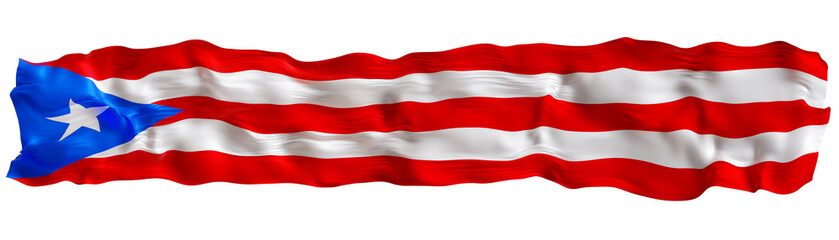 Stylized flag of Puerto Rico waving in the wind on transparent background. Footer, header or divider. Cut out wide, panoramic element. Banner for patriotic themes or national event promotions. 3D.