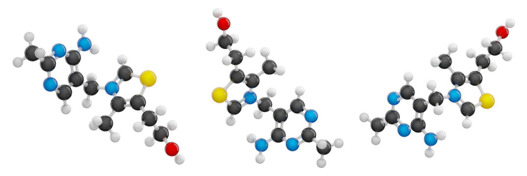 Molecule of vitamin B1 (Thiamine). Set of views. Molecular formula: C12H17N4OS. Chemical model: Ball and Stick. Isolated. Transparent background. PNG transparent. 3D illustration.