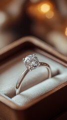 Elegant, white gold ring with a large diamond in a jewelry box, on the table, blurred background, close-up shot, professional photography, studio lighting, soft light, high-quality photo, sharp focus