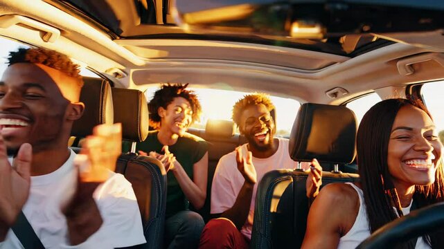 cheerful group of friends enjoying a sunset road trip in a car with an open sunroof, full of laughter