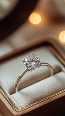 Elegant, white gold ring with a large diamond in a jewelry box, on the table, blurred background, close-up shot, professional photography, studio lighting, soft light, high-quality photo, sharp focus