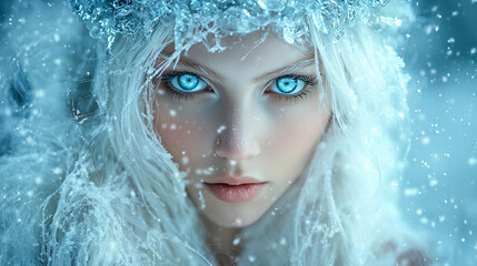 Freya. Ethereal Ice Queen A Mesmerizing Surreal Portrait. Beautiful woman with long white hair and blue eyes, wearing an ice crown made of crystals, standing in the snowstorm, close-up portrait