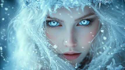 Freya. Ethereal Ice Queen A Mesmerizing Surreal Portrait. Beautiful woman with long white hair and blue eyes, wearing an ice crown made of crystals, standing in the snowstorm, close-up portrait