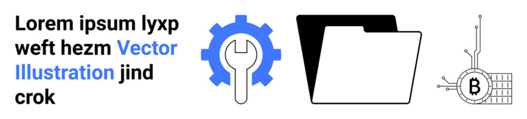 Text, blue gear with wrench, black file folder, and Bitcoin circuit symbol. Ideal for tech, digital assets, data management, blockchain, fintech, coding, and innovation themes. Landing page