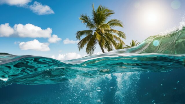 Tropical paradise, split-level underwater photography, crystal clear turquoise water, palm tree leaning over ocean, bright sunlight, fluffy white clouds, blue sky, wave crest, sunbeams piercing water 