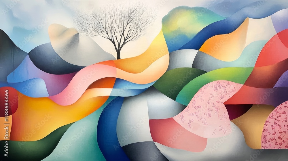 Poster vibrant abstract landscape with flowing colors and a bare tree silhouette, representing nature's har