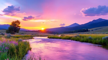 Sunset over Mountain River