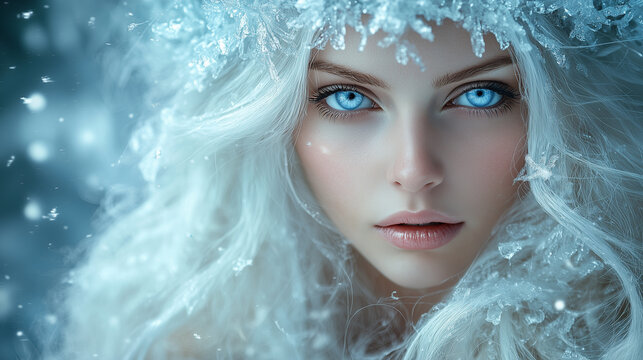 Freya. Ethereal Ice Queen A Mesmerizing Surreal Portrait. Beautiful woman with long white hair and blue eyes, wearing an ice crown made of crystals, standing in the snowstorm, close-up portrait