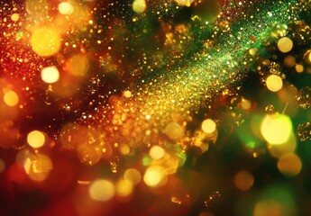 Glittering green and gold backdrop with red sparkles for festive celebrations and luxurious events