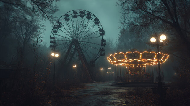 Ferris wheel, old carousel, and illuminated street lamps in an abandoned amusement park surrounded by foggy trees. Scary fantasy game background, concept art. Dark fantasy game, gothic horror. Horror.