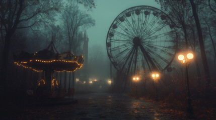 Ferris wheel, old carousel, and illuminated street lamps in an abandoned amusement park surrounded by foggy trees. Scary fantasy game background, concept art. Dark fantasy game, gothic horror. Horror.