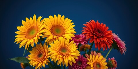 Vibrant Bouquet of Sunflowers and Gerbera Daisies on a Deep Blue Background