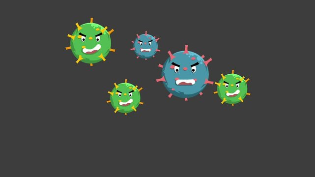 Illustration of animated footage of viruses attacking on a gray background, cartoon illustration of viruses attacking through the air