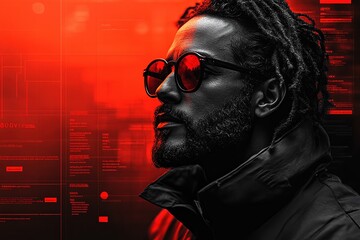 Dynamic profile of a man with sunglasses in a red-themed graphic layout design