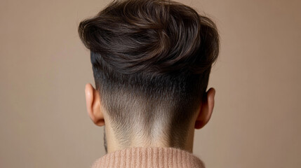 Back view of man with stylish haircut and healthy hair on neutral background