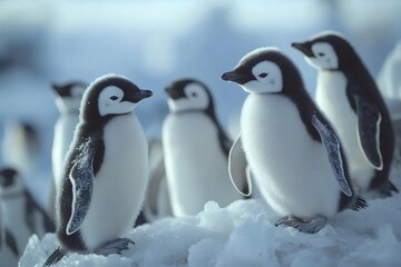 Obraz premium Emperor penguin chicks huddling on antarctic ice floe