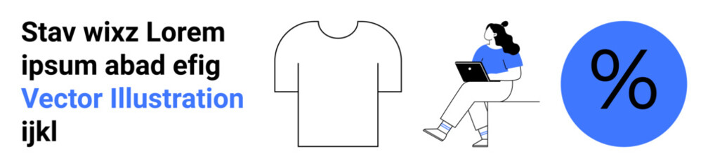 T-shirt outline, seated person using a laptop, large percentage symbol. Ideal for e-commerce, online shopping, marketing, apparel design, web design, promotions, sales. Landing page