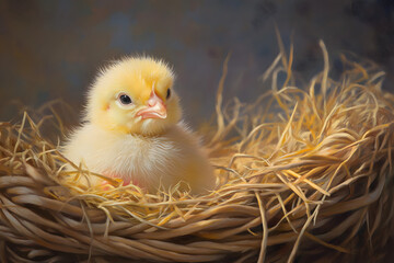 Fluffy yellow chick climbing out of a hay nest.