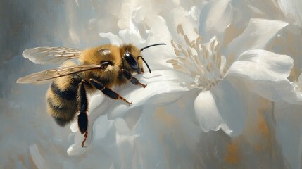 Fototapeta premium Close-up of a Bee on a White Flower with Soft Nature Background