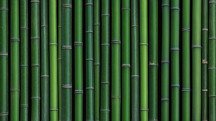 Obraz premium Closeup view of vertical bamboo stalks. Green bamboo fence creates natural backdrop. Natural bamboo texture prominent. Stylish design for banners, wallpaper. Design evokes calm natural environment.