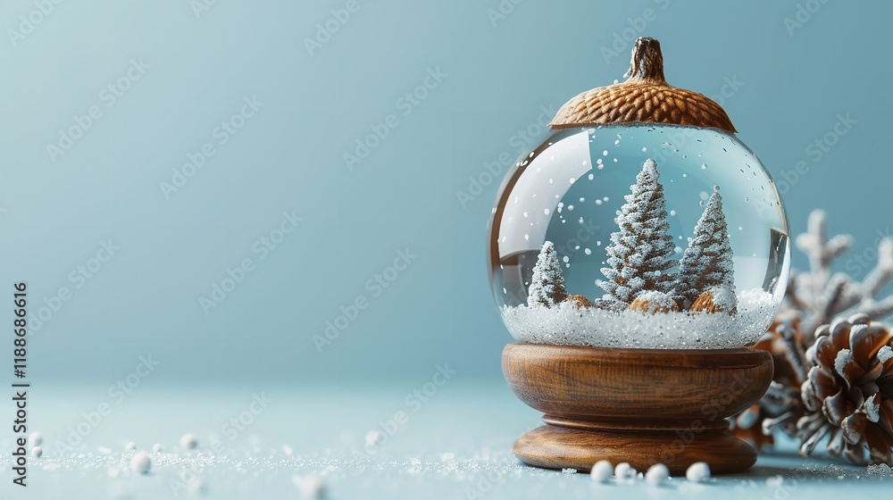 Poster an up-close view of a snow globe within the acorn which is showing a small winter fantasy photo agai