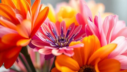 Fototapeta premium The image is a close-up of a bunch of colorful flowers. The flowers are in a vase and are in various shades of orange, pink, and yellow.