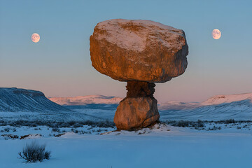 Precariously Balanced Rock Formation in a Snowy Winter Landscape at Sunset with Two Moons Visible in the Sky