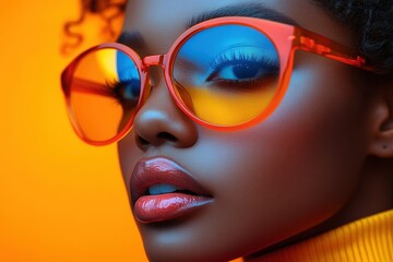 Bright and colorful portrait featuring a woman in stylish sunglasses against an orange backdrop