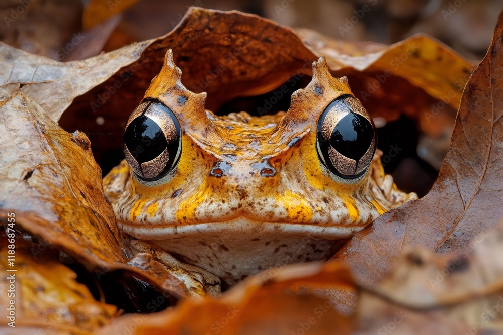 Wall mural Spiny-headed tree frog hiding among dry leaves