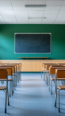High school classroom with a blackboard and desks, green wall background. Interior of an empty high school class with a chalkboard in front view. Back-to-school concept.