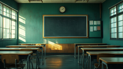 High school classroom with a blackboard and desks, green wall background. Interior of an empty high school class with a chalkboard in front view. Back-to-school concept.