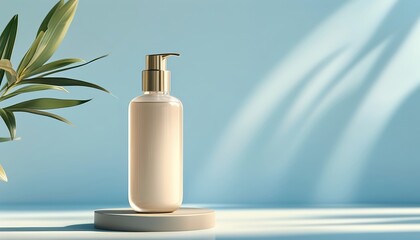 Transparent bottle mockup on blue background with copy space