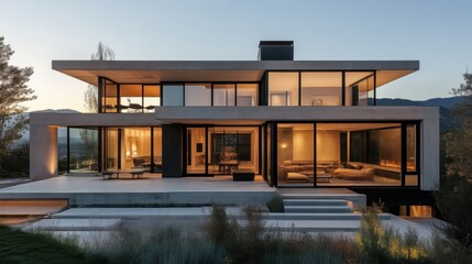 Modern house with flat roof and large windows at dusk