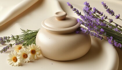 Light beige urn with floral arrangement and copy space