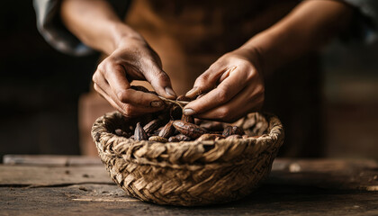Hands carefully preparing cocoa pods in woven basket, showcasing craftsmanship and dedication