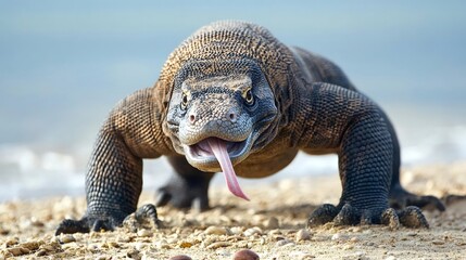Obraz premium Komodo dragon showing forked tongue while walking on the beach