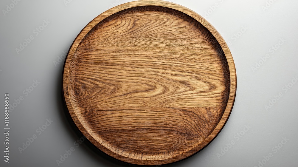 Poster wooden round plate with a visible texture on a neutral background, top view and soft lighting with c