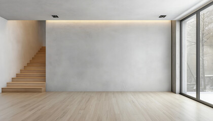 Modern Minimalist Interior Design Featuring Wooden Staircase, Neutral Walls, and Large Window with Natural Light