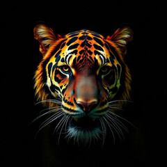 Obraz premium Close-up portrait of a majestic big cat, its intense gaze captivating against a stark black background. The vibrant colors and intricate markings are striking.