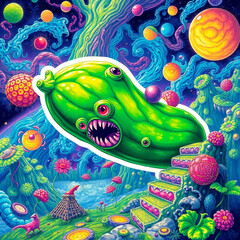 Surreal cosmic landscape featuring a monstrous pickle soaring above a vibrant, alien world. Psychedelic colors and fantastical flora populate this bizarre scene.