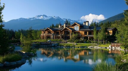 Fototapeta premium Luxurious wooden house nestled in mountains reflecting on serene lake.
