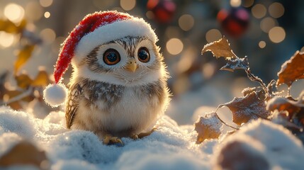 Obraz premium Cute Owl in Santa Hat with Christmas Decorations