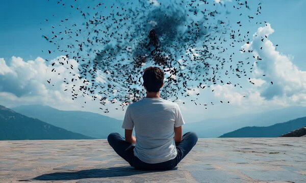 Man meditates, mind exploding, mountain view, digital concept