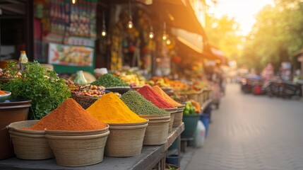 Vibrant Market Display Featuring Colorful Spices and Herbs in Traditional Baskets Under Soft Sunset Lighting in an Outdoor Setting