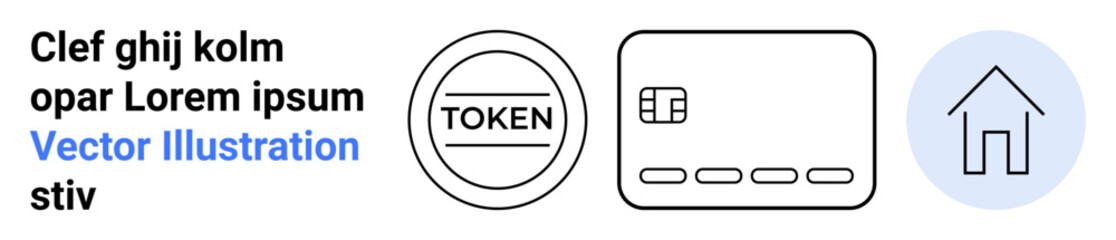 Token icon, credit card labeled, house inside a circle. Ideal for digital security, e-commerce, finance, real estate, virtual currencies tech interfaces and online payments. Landing page