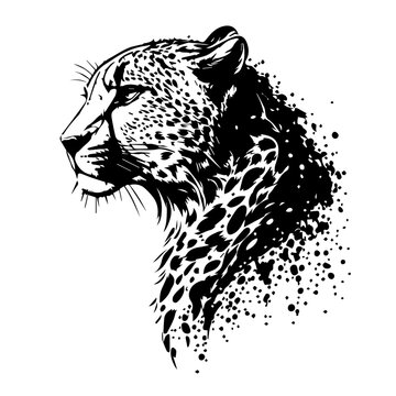 black and white cheetah head illustration with artistic splash effect