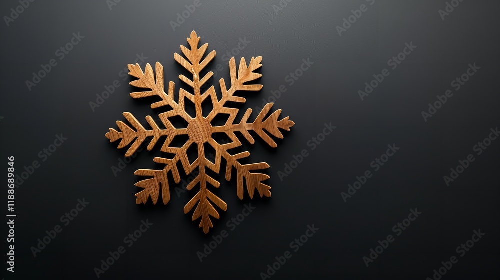 Poster a detailed view of a classy wooden snowflake with a large copy area for backdrop use on a glossy bla