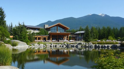 Fototapeta premium Mountain resort with large windows reflecting in calm water.