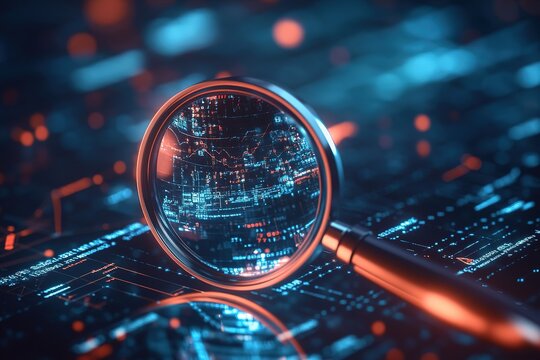 Data Analysis: Magnifying Glass on Digital Charts and Graphs. Business Intelligence, Financial Growth, Market Research, 